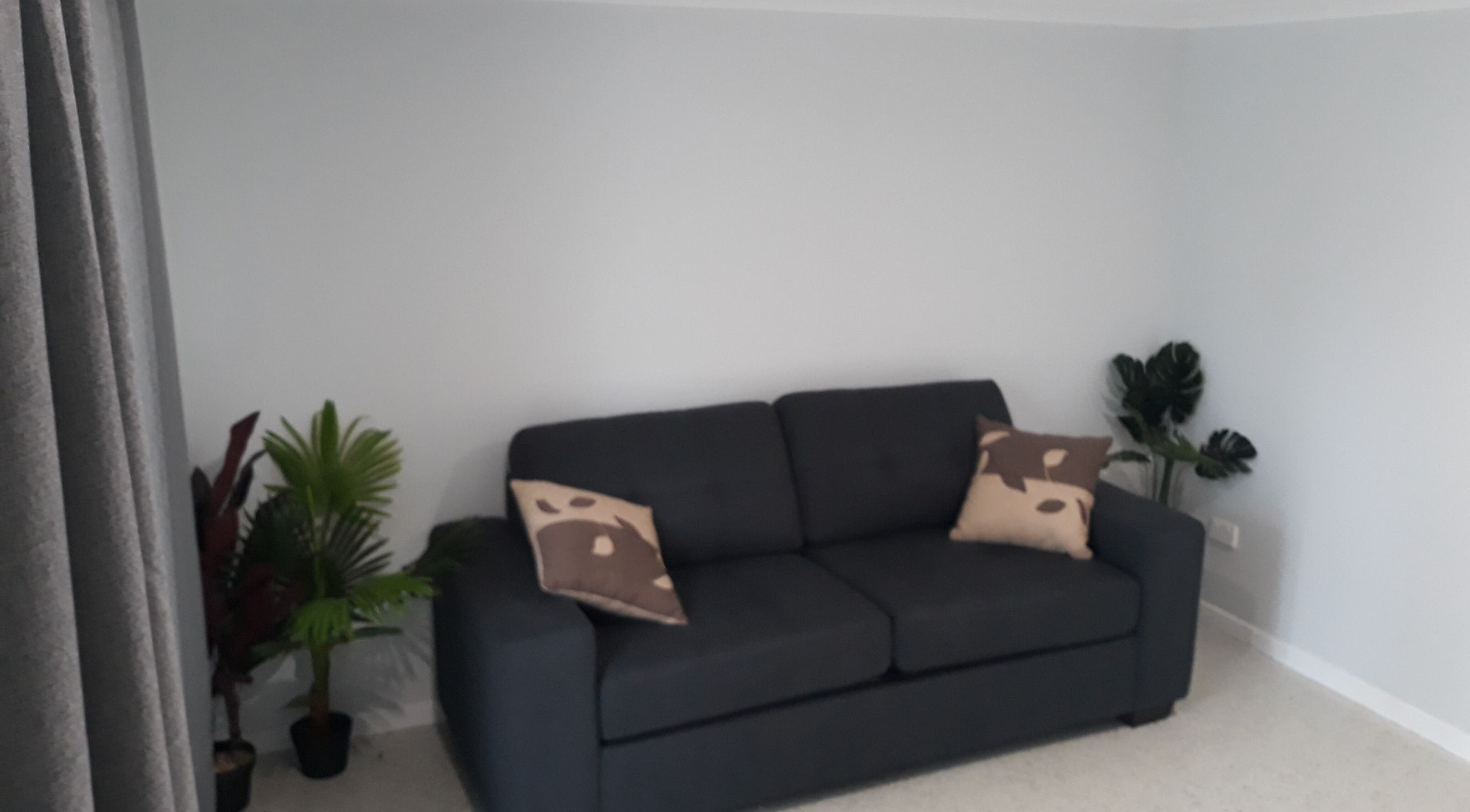 Essential Beauty 2 U venue in Victory Heights, Queensland, AU, showcasing a sleek dark sofa with plants.