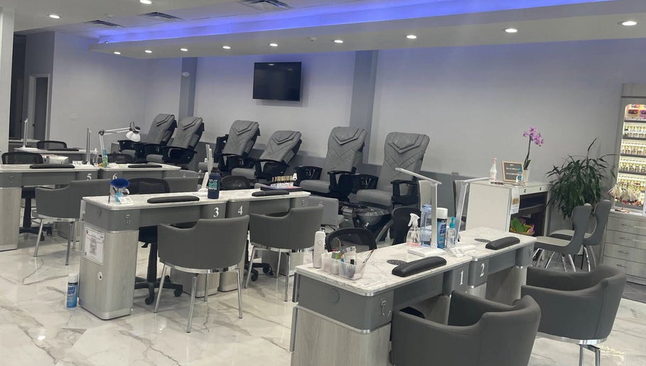 Davie Nails salon interior with modern manicure stations, Davie, Florida, US.