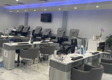 Davie Nails salon interior with modern manicure stations, Davie, Florida, US.