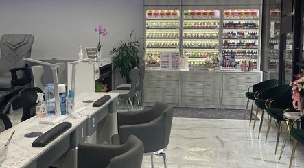 Interior of Davie Nails in Davie, Florida, showcasing elegant nail stations and polish displays.