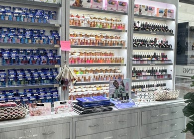 Extensive nail product display at Davie Nails in Davie, Florida, US showcasing vibrant polish options.