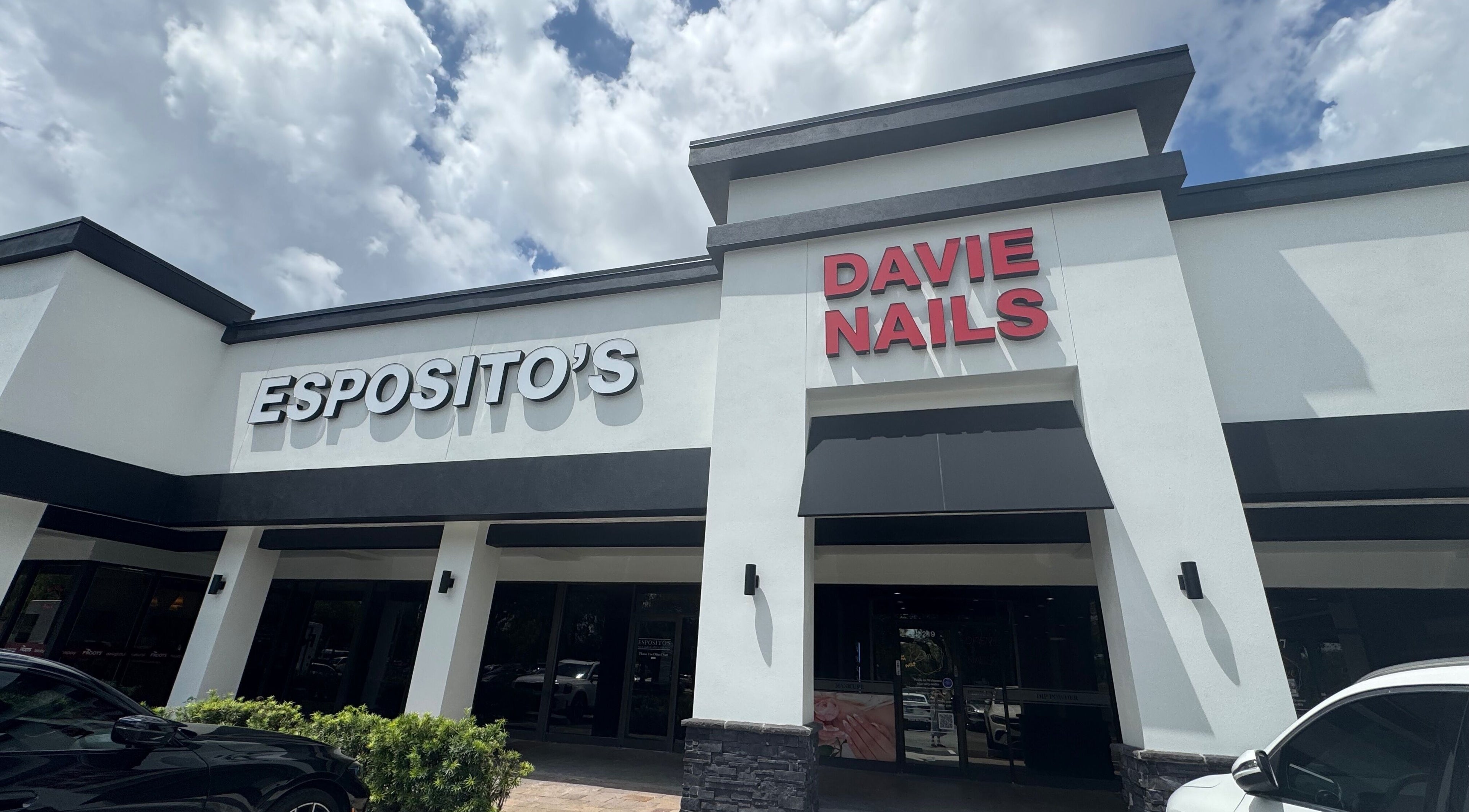 Exterior view of Davie Nails, Davie, Florida, US, showcasing its stylish facade.