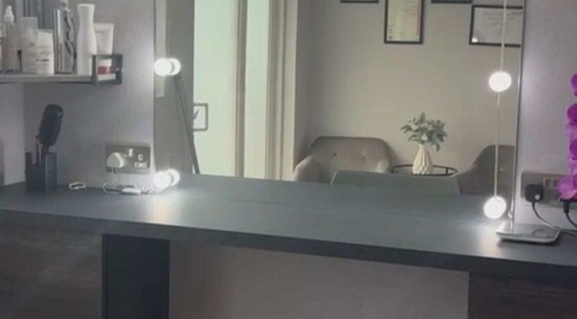 Modern and stylish beauty station at KcHair, Borehamwood, England, GB, highlighting a sleek salon ambiance.