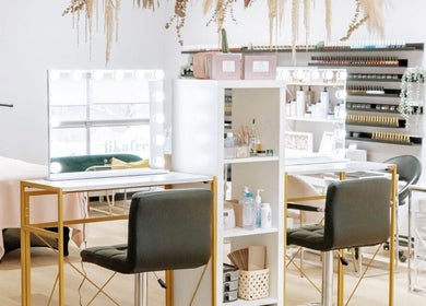 Stylish makeup station at Fika Beauty West, Ottawa, Ontario, CA, with elegant decor and professional setup.