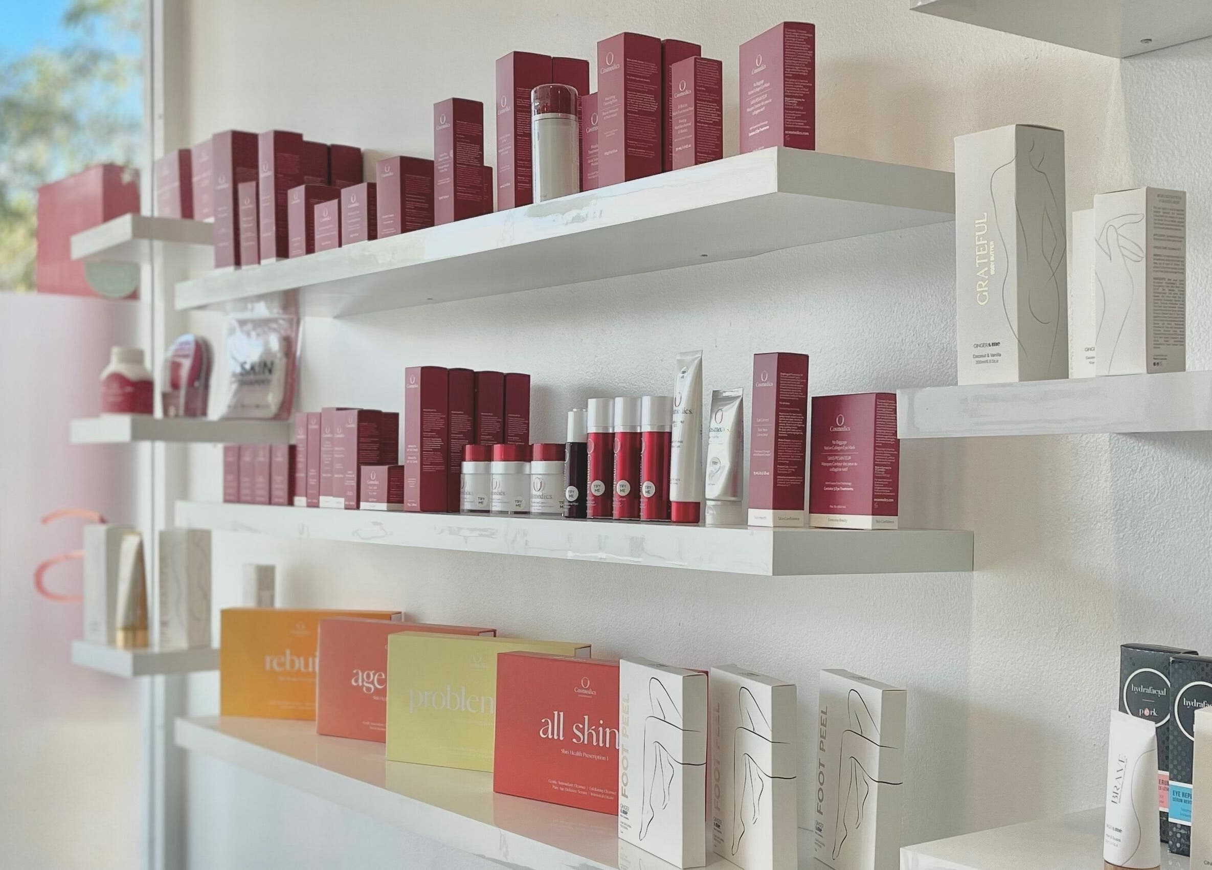 Product display shelves at Skin and Things By Kat - The Scalp Spa Bankstown, Bankstown, New South Wales, AU.