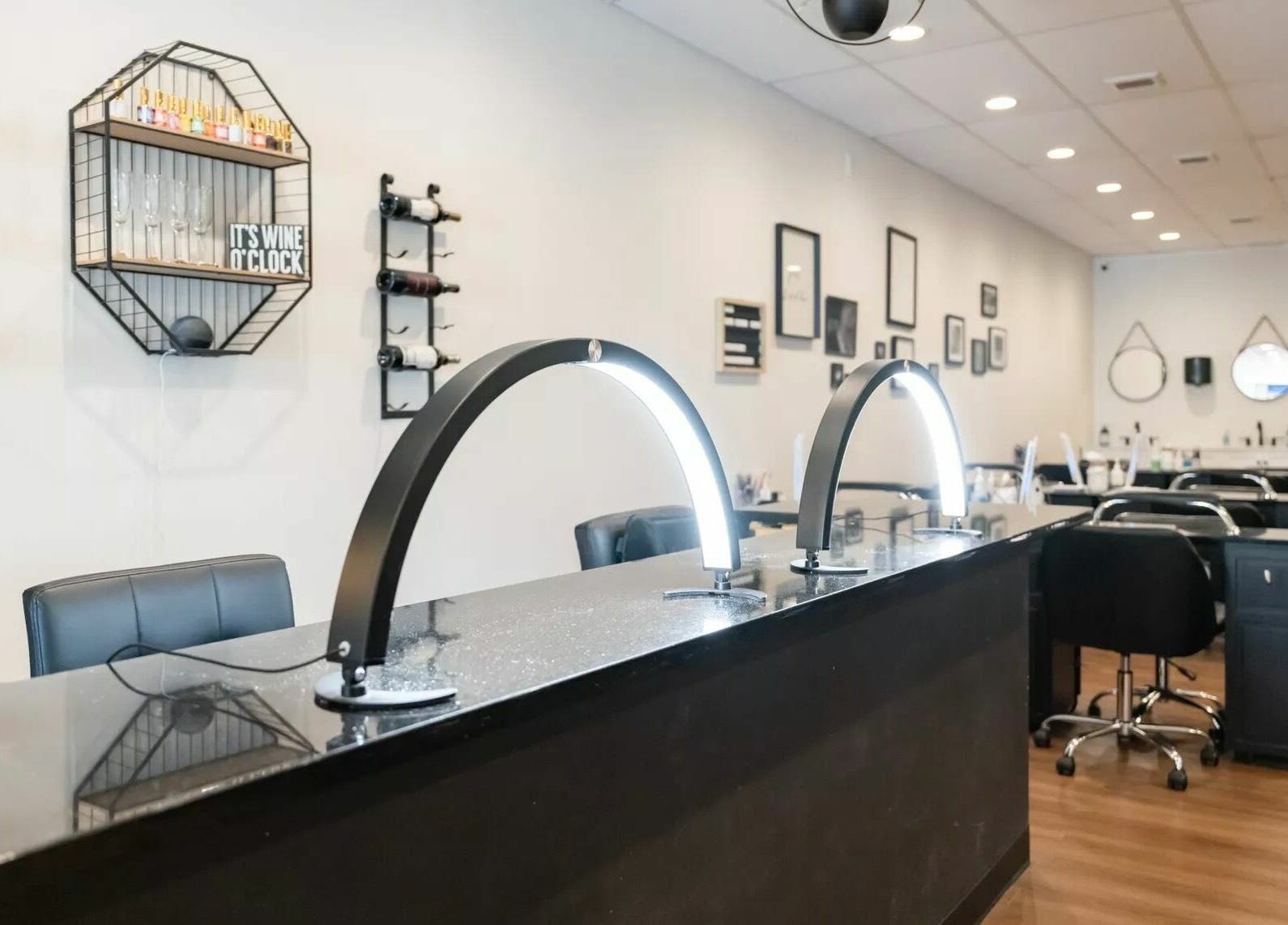 Modern interior of Onyx Nail Bar in Voorhees Township, New Jersey, US featuring sleek nail stations.