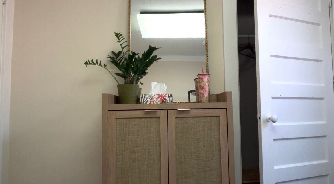 Stylish wooden dresser at Soft Heart Studios in Ottawa, Ontario, CA with vibrant plant decor and mirror.