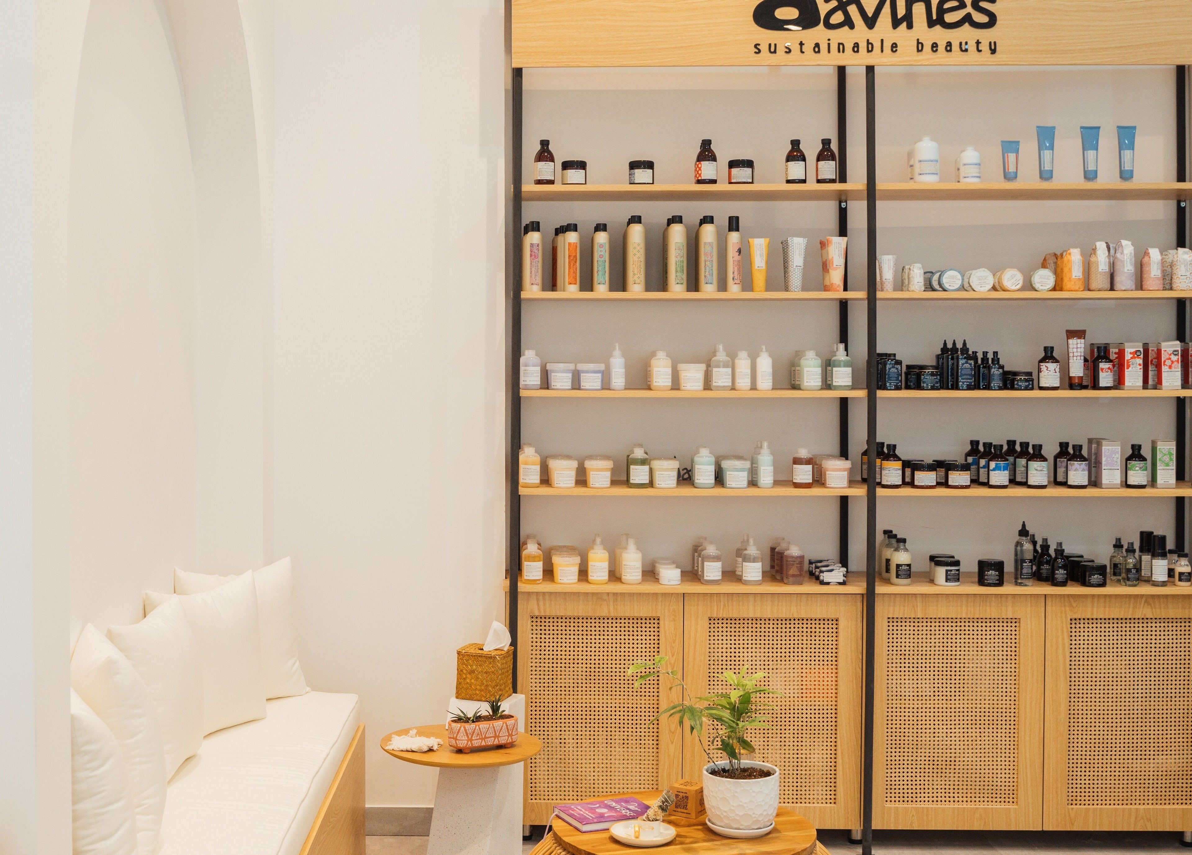 Boho Salon AD's product shelves featuring sustainable beauty products in Abu Dhabi, Abu Dhabi, AE.