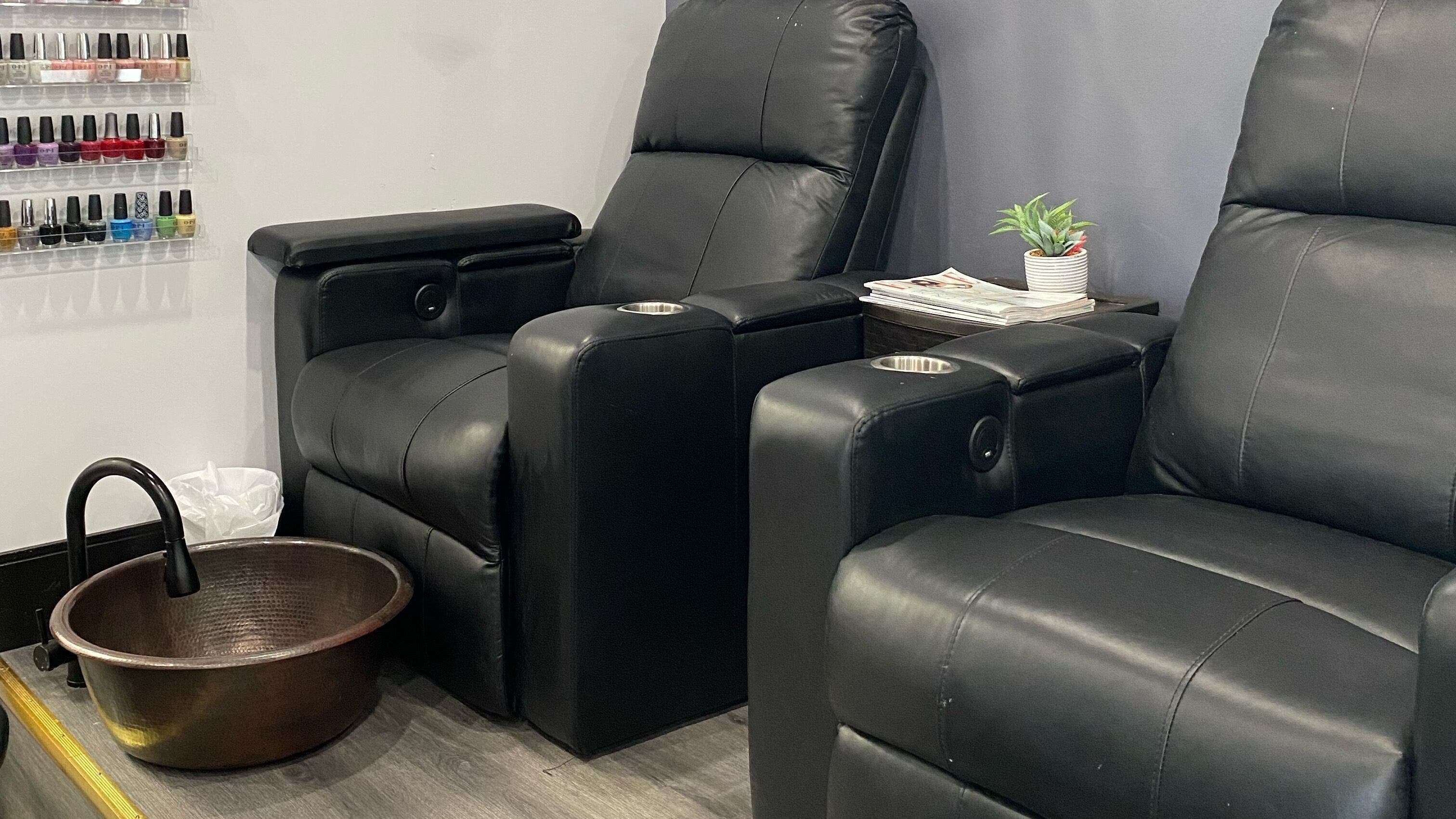 Comfortable recliners for pedicures at Heavens Hair Studio, Fort Erie, Ontario, CA. Relaxation at its finest.