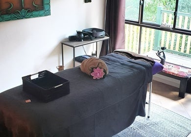 Calming massage room at Earth Magic with Suzie Maxwell, Currumbin Waters, Queensland, AU.