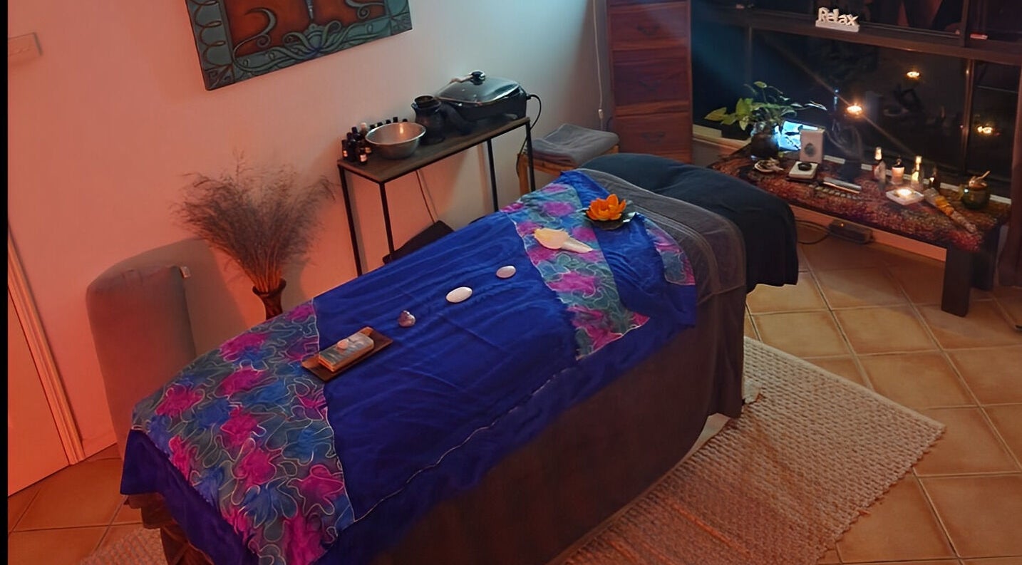 Serene relaxation room at Earth Magic with Suzie Maxwell, Currumbin Waters, Queensland, AU.