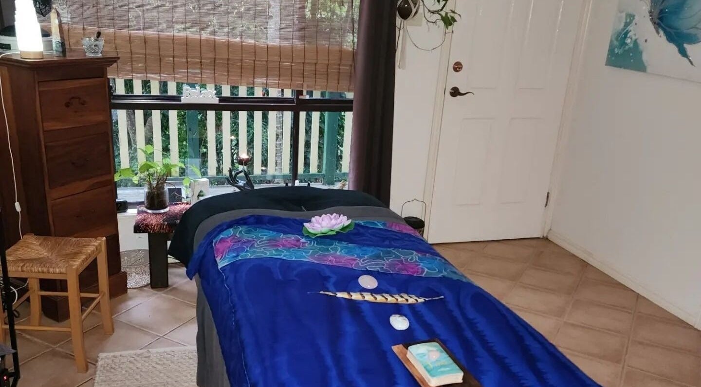 Calm massage room at Earth Magic with Suzie Maxwell, Currumbin Waters, Queensland, AU. Inviting, peaceful ambiance.