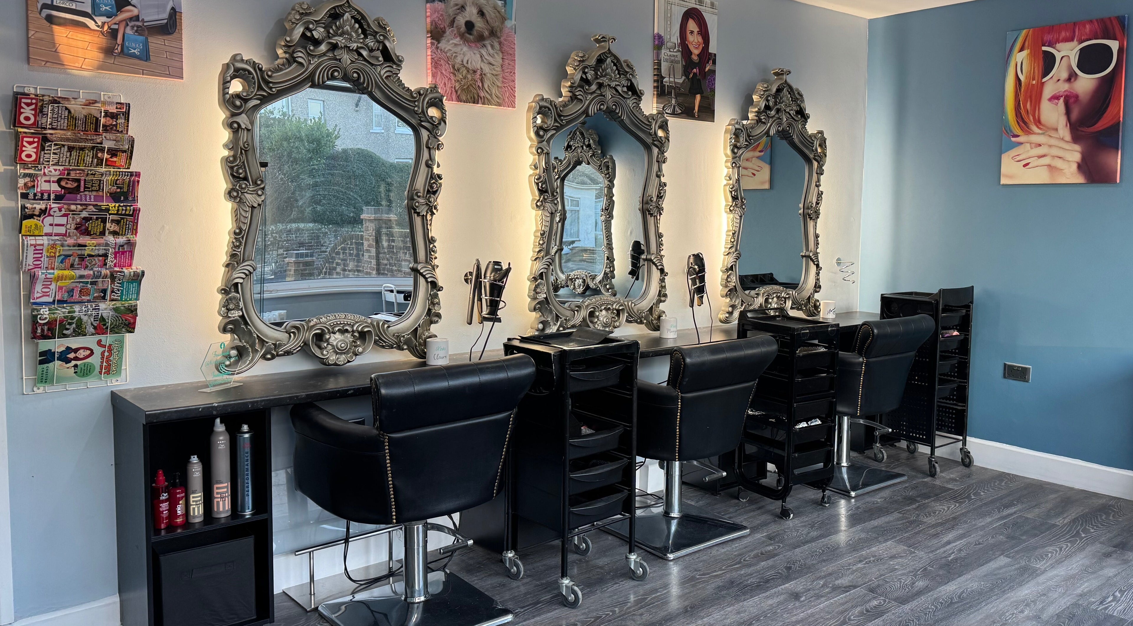 Ornate styling stations at Kinks Hair Salon in Christchurch, Christchurch, GB featuring elegant mirrors and chairs.