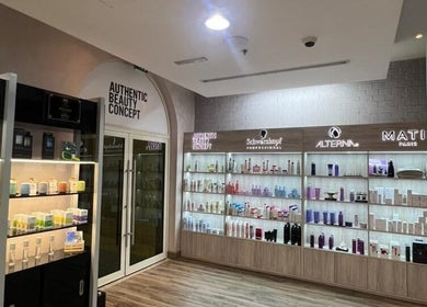 Modern product shelves at Salon 971, Dubai, Dubai, AE, showcasing premium beauty brands.
