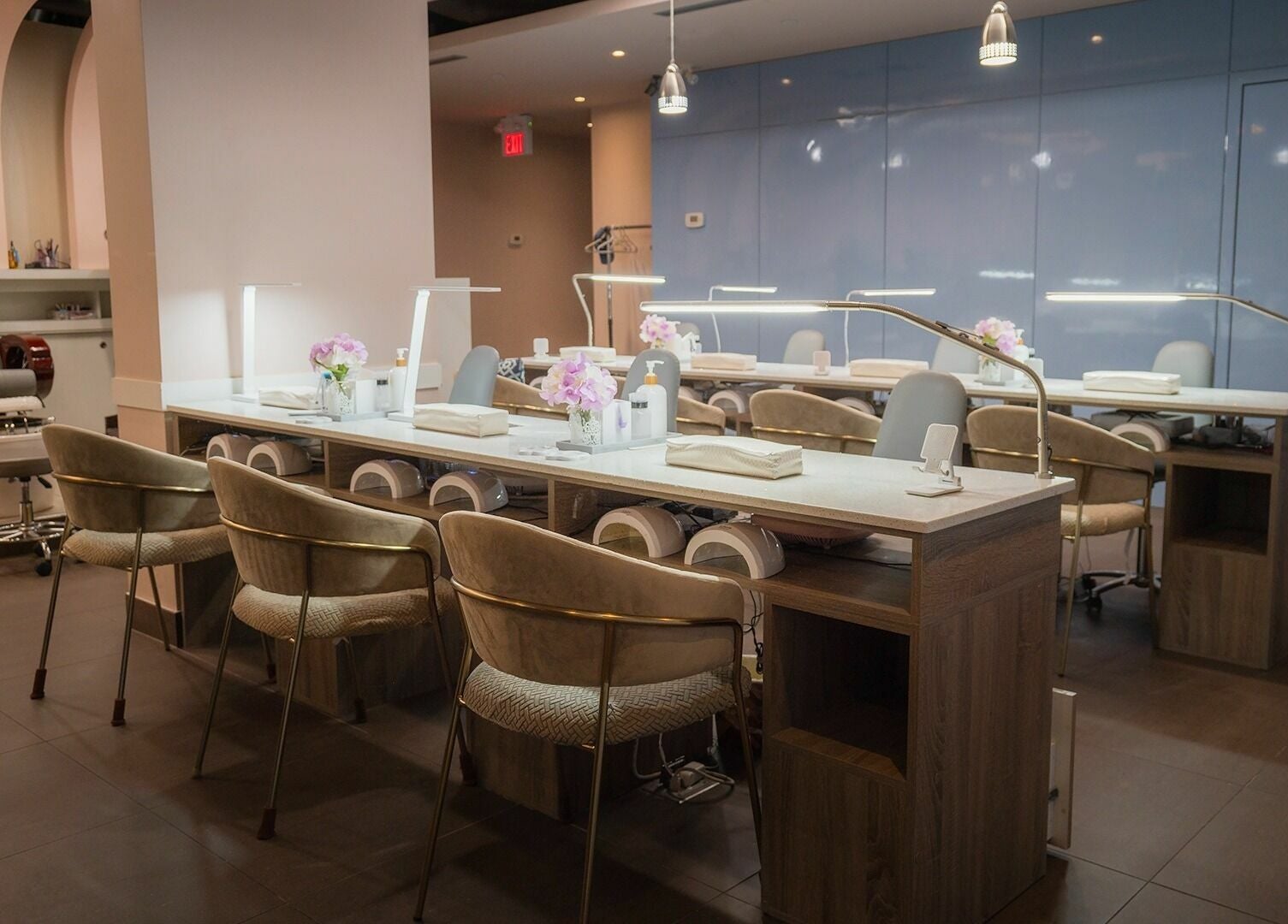 Elegant nail stations at Nail One & Spa in Markham, Ontario, CA, showcasing modern and serene design.