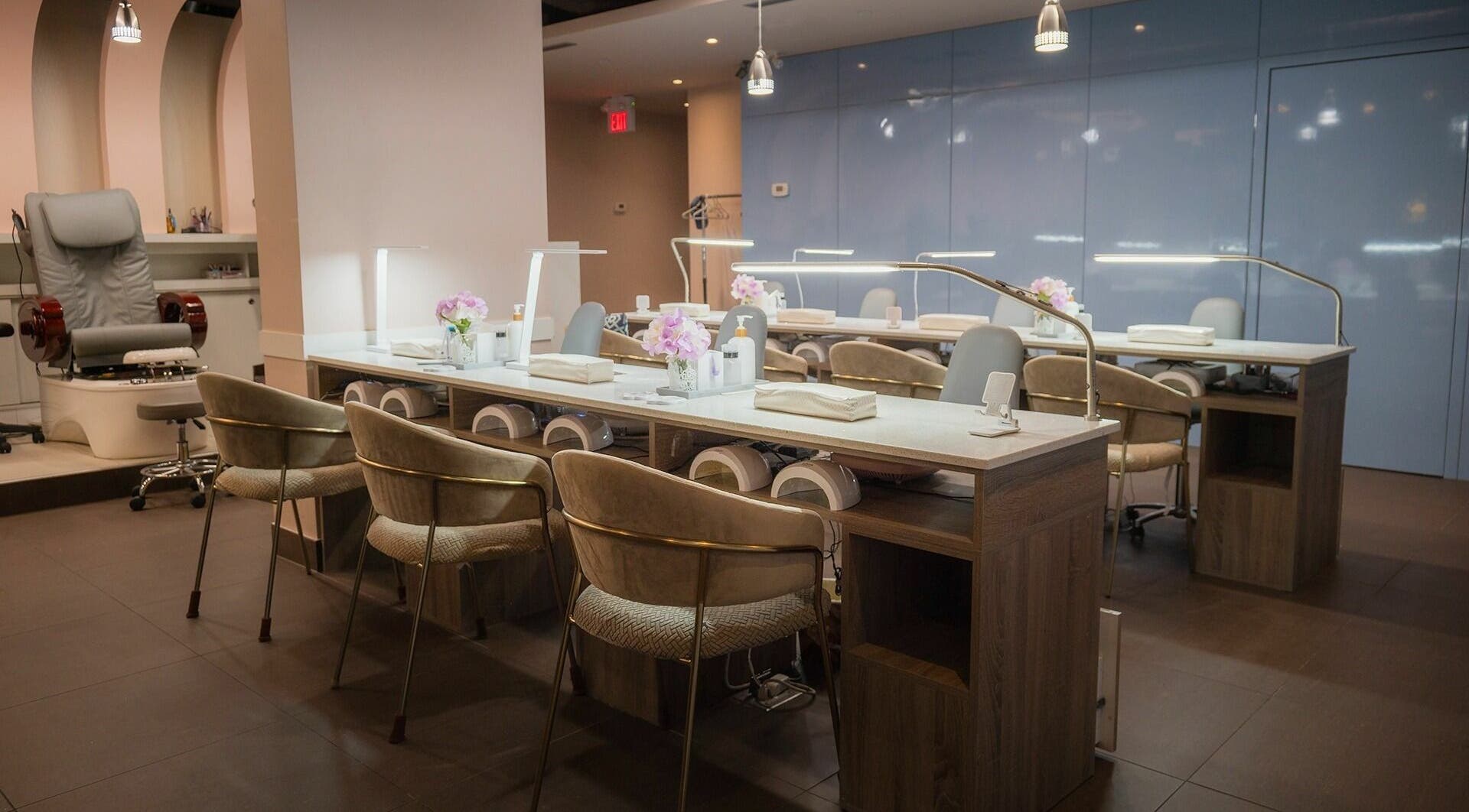 Elegant nail stations at Nail One & Spa in Markham, Ontario, CA, showcasing modern and serene design.