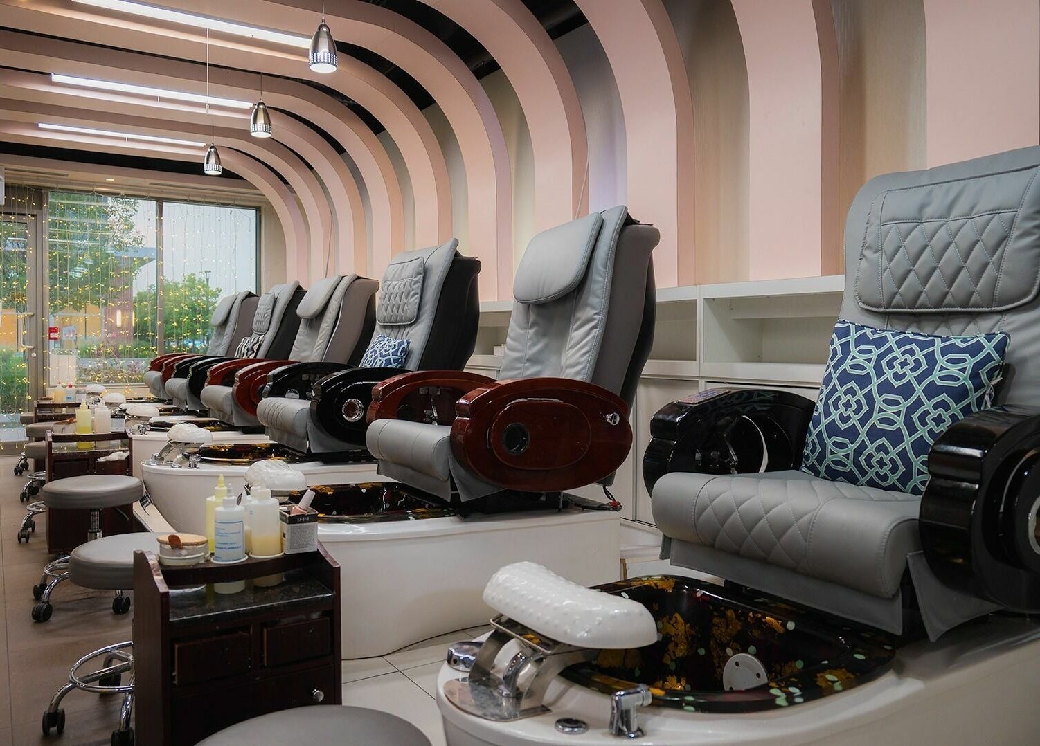 Elegant pedicure chairs at Nail One & Spa in Markham, Ontario, CA, offer a relaxing and stylish atmosphere.