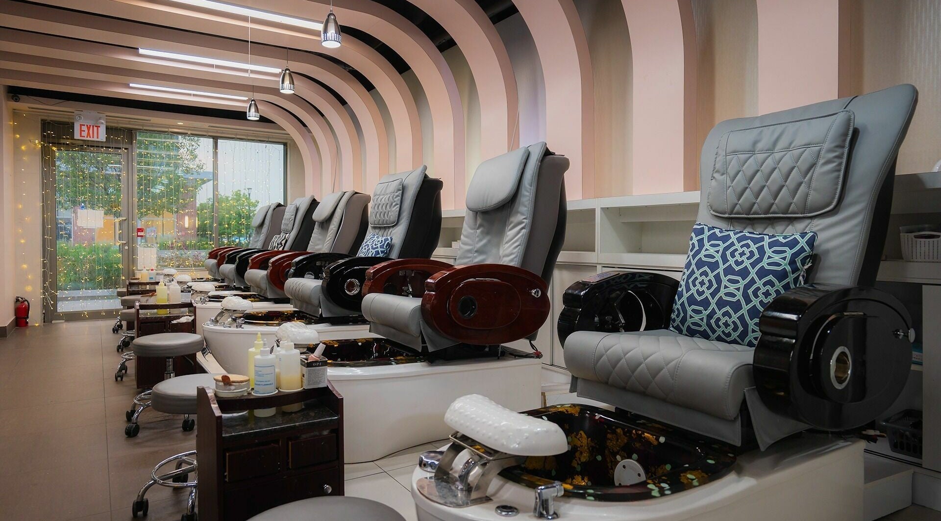 Elegant pedicure chairs at Nail One & Spa in Markham, Ontario, CA, offer a relaxing and stylish atmosphere.