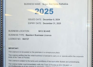 Business license displayed at Sugar and Spice Esthetics in Ponoka, Alberta, CA, valid until December 2025.