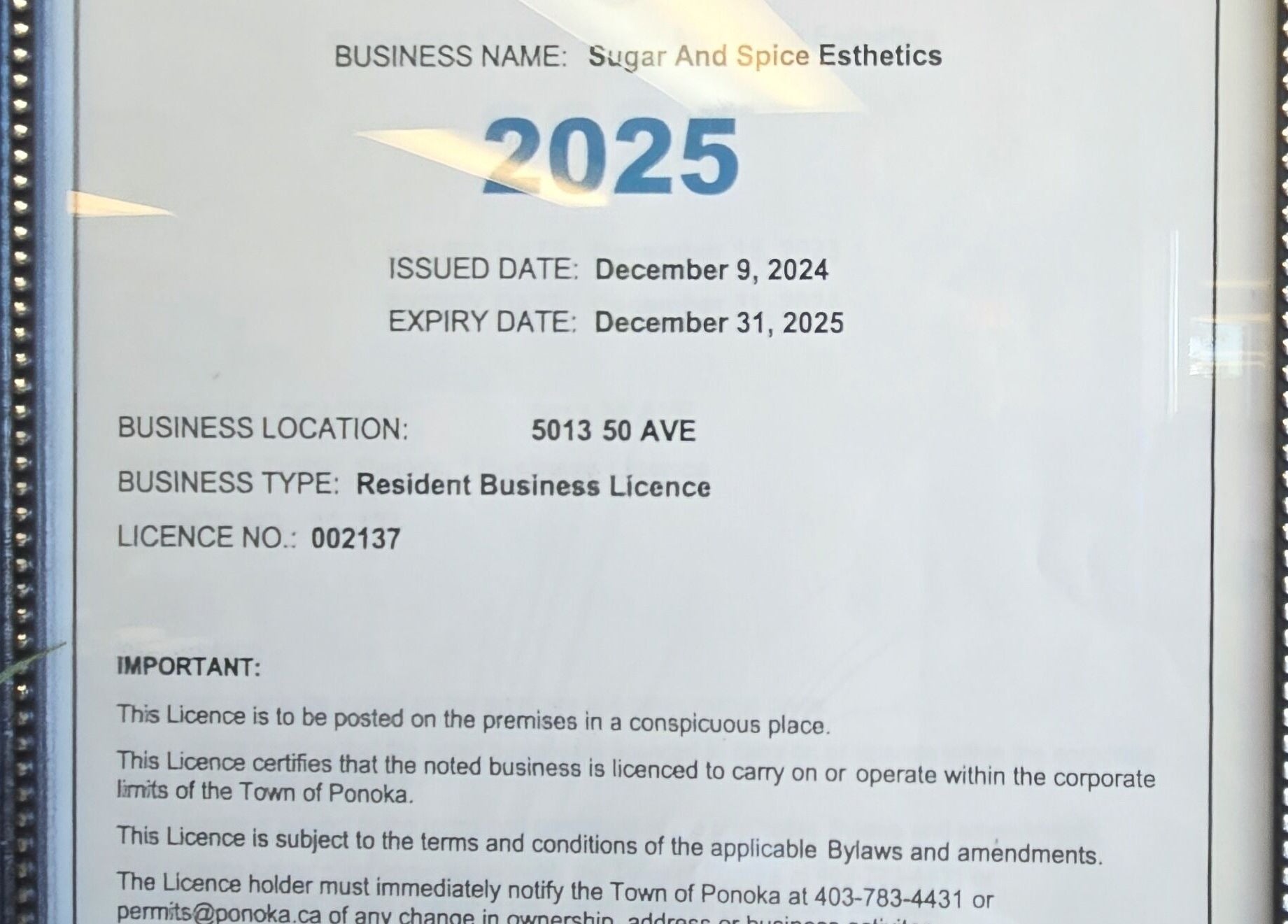 Business license displayed at Sugar and Spice Esthetics in Ponoka, Alberta, CA, valid until December 2025.