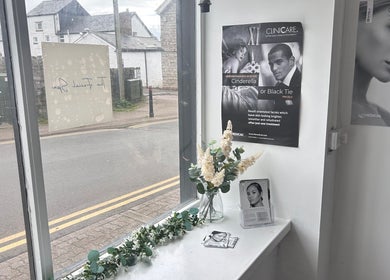 Elegant display with skincare posters at The Facial Spa at Bank House, Llantwit Major, Wales, GB.