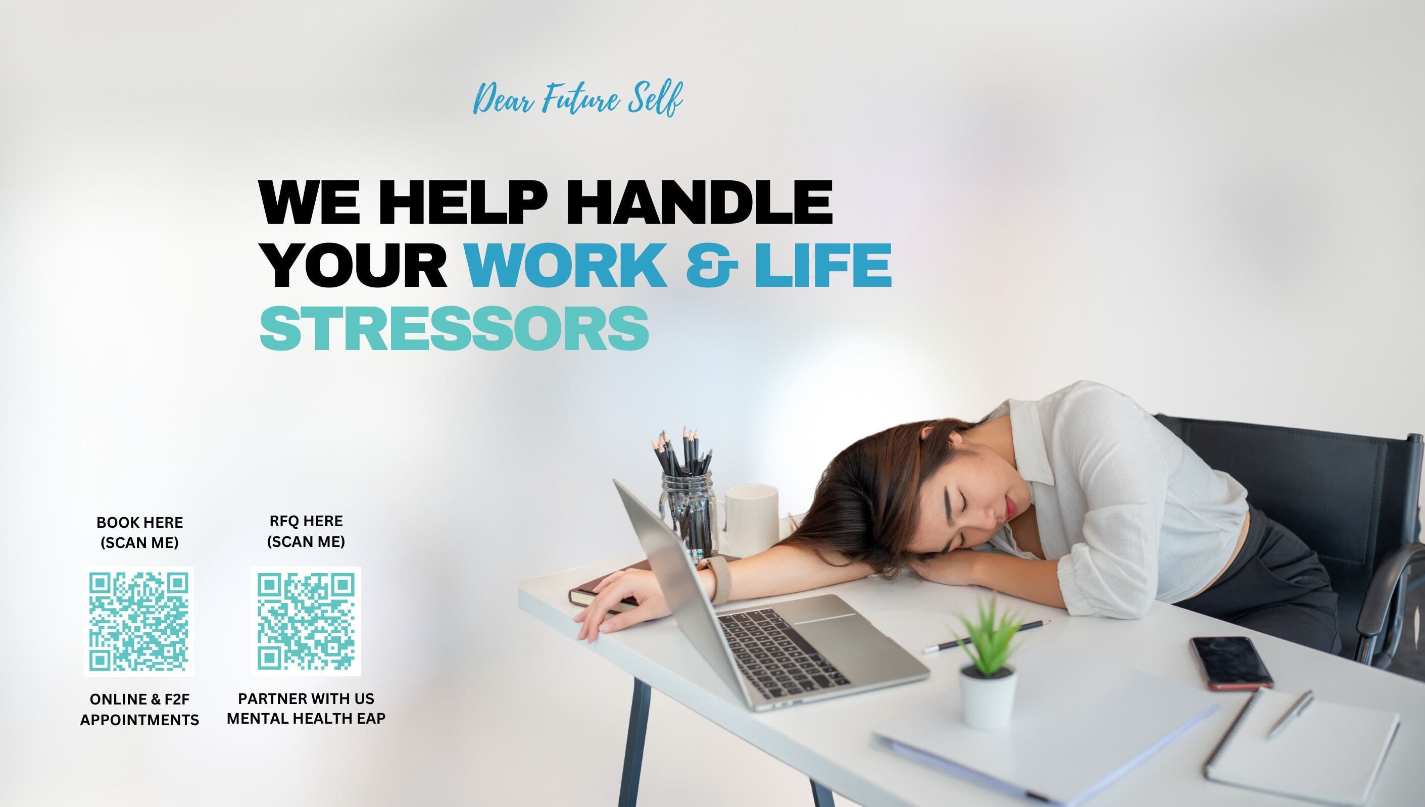 Woman resting head on desk at DFS Consulting PH, San Juan, Metro Manila, PH offering stress management services.