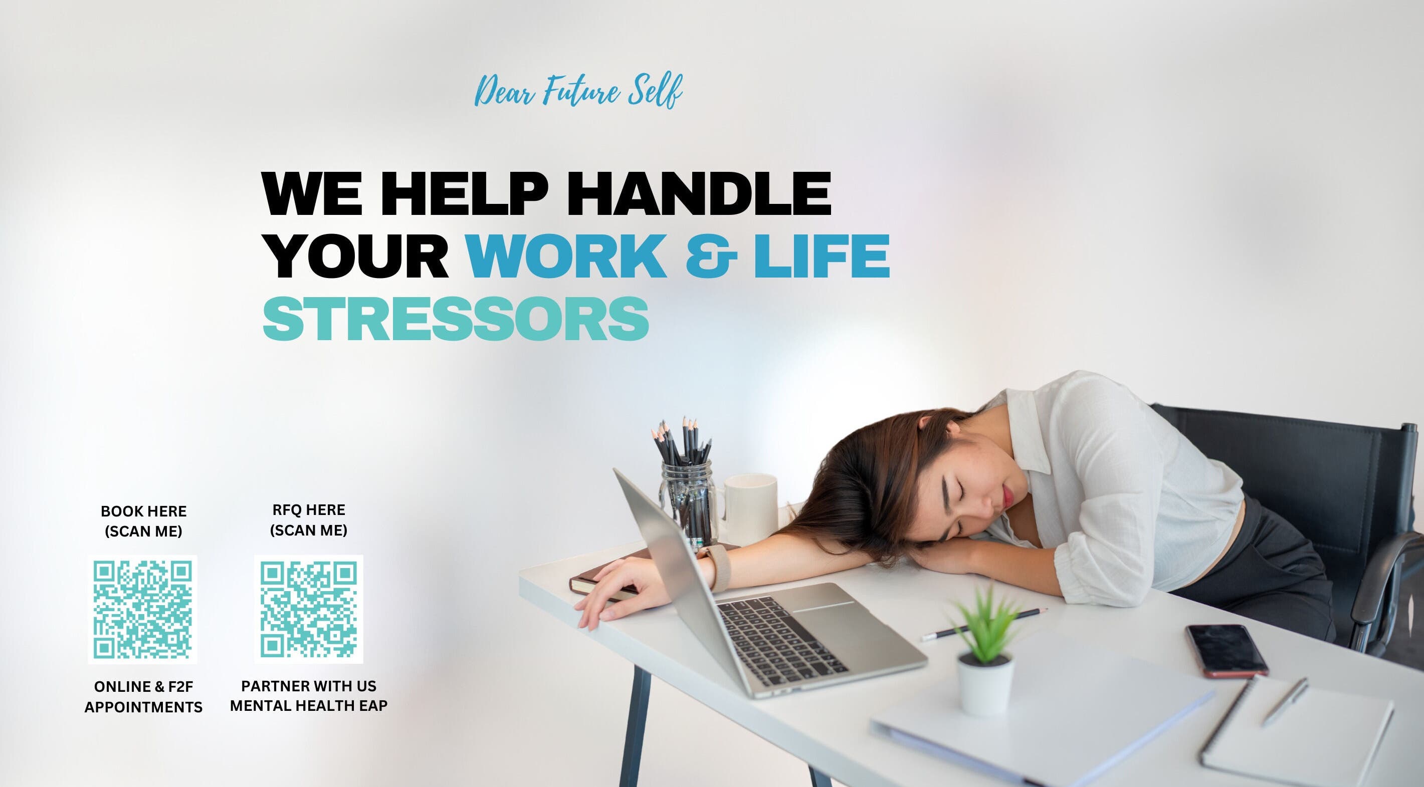 Woman resting head on desk at DFS Consulting PH, San Juan, Metro Manila, PH offering stress management services.