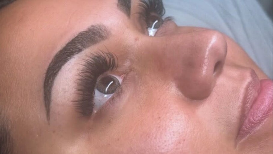 Close-up of eyelash extensions at Vela Lash Bar in Jacksonville, Florida, US.