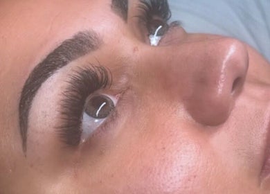 Close-up of eyelash extensions at Vela Lash Bar in Jacksonville, Florida, US.