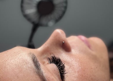 Close-up of elegant eyelash extensions at Vela Lash Bar, Jacksonville, Florida, US.