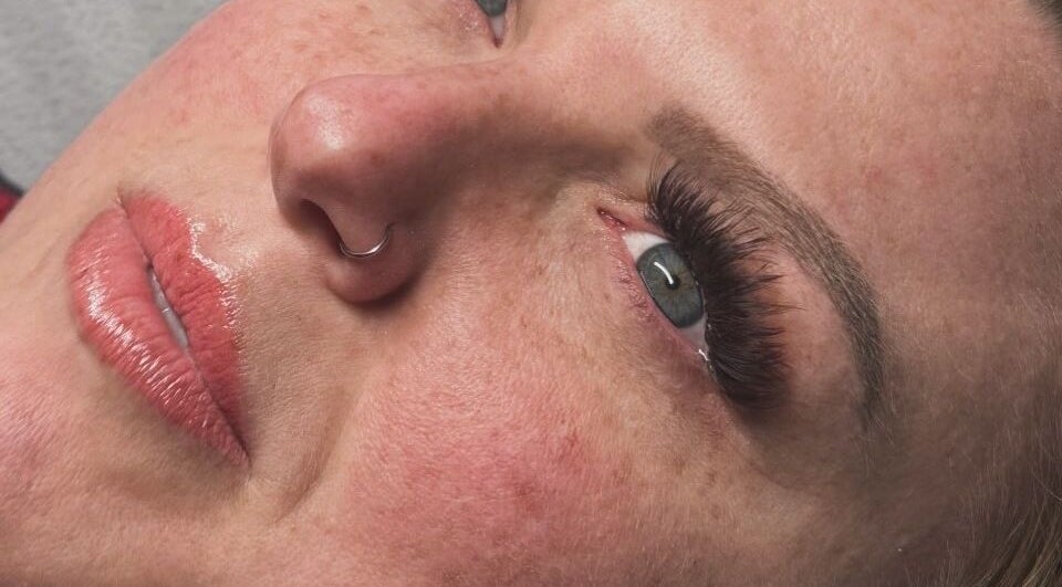 Close-up of a woman's enhanced eyelashes at Vela Lash Bar, Jacksonville, Florida, US.