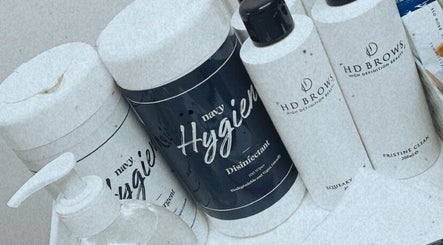Navy and HD Brows hygiene products at Lashed by Lexi, Greenock, Scotland, GB ensuring salon cleanliness.