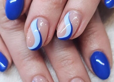 Stylish blue swirl nails at Beautiful You - Nails and Beauty, Rotorua, Bay Of Plenty, NZ.
