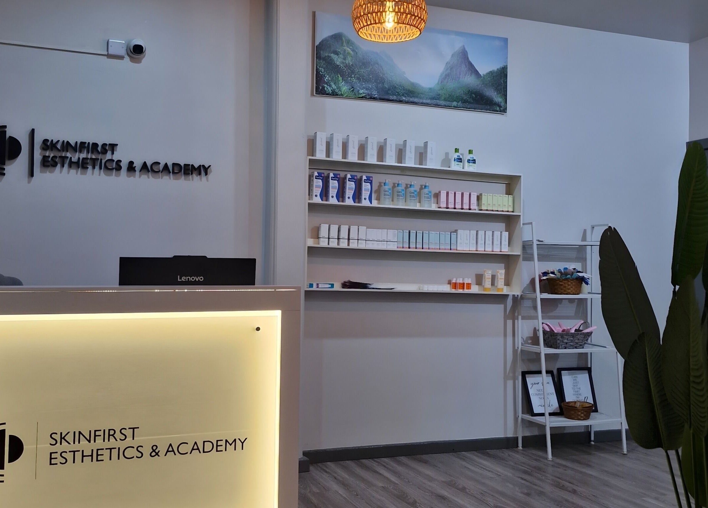 Reception area of SkinFirst Esthetics & Academy in La Tourney, Vieux Fort, LC showcasing a serene ambiance.