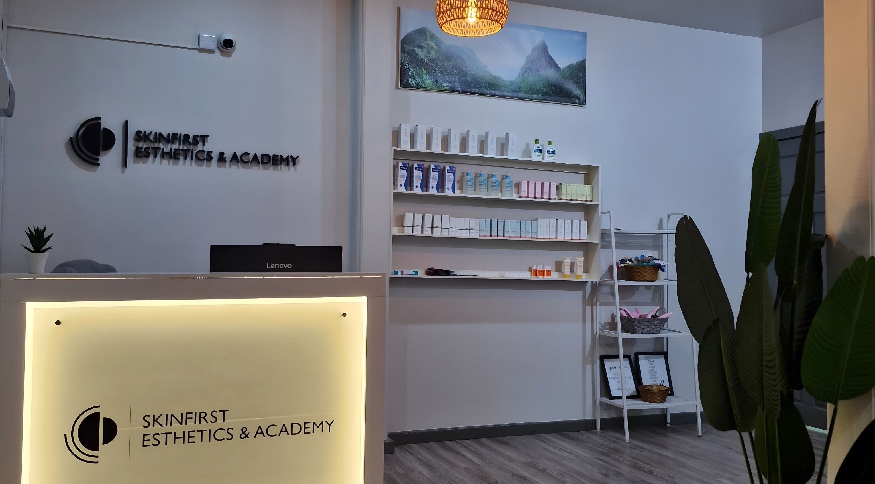 Reception area of SkinFirst Esthetics & Academy in La Tourney, Vieux Fort, LC showcasing a serene ambiance.