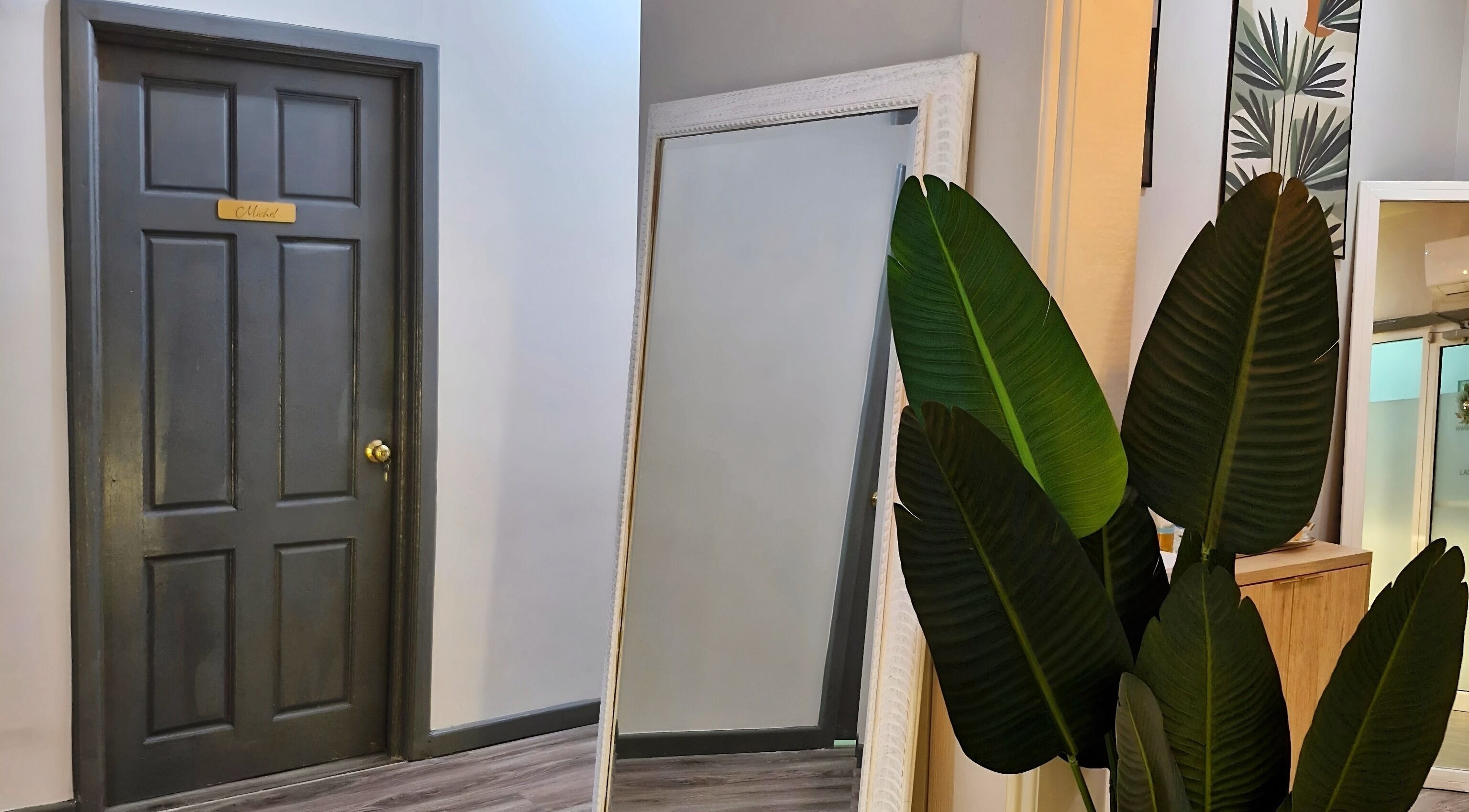 Elegant entry at SkinFirst Esthetics & Academy, La Tourney, Vieux Fort, LC featuring a door and indoor plant.