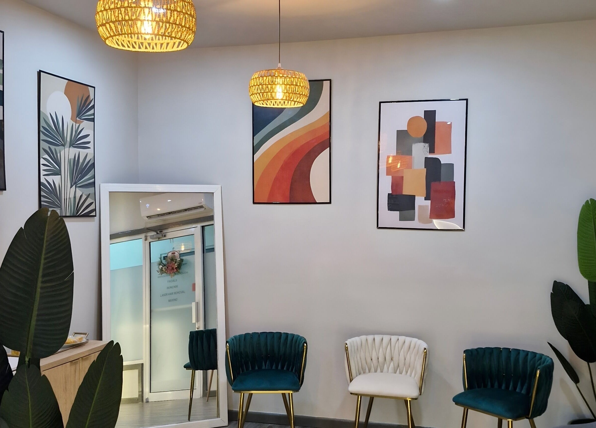 Chic waiting area at SkinFirst Esthetics & Academy, La Tourney, Vieux Fort, LC with stylish decor.