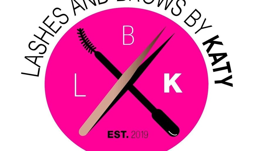Logo of Lashes and Brows by Katy in Gloucester, England featuring beauty tools and vibrant pink design.