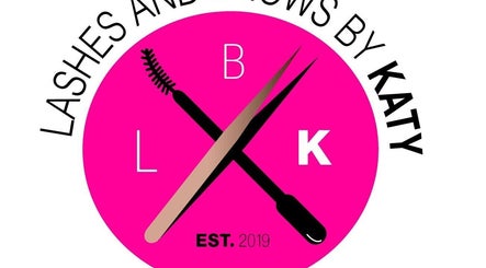 Logo of Lashes and Brows by Katy in Gloucester, England featuring beauty tools and vibrant pink design.
