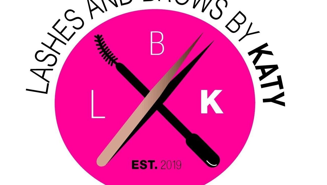 Lashes and Brows by Katy logo with pink background and tools, Gloucester, England, GB.