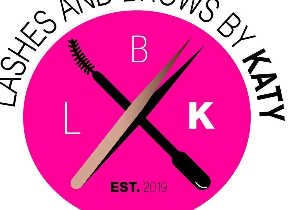 Lashes and Brows by Katy logo with pink background and tools, Gloucester, England, GB.