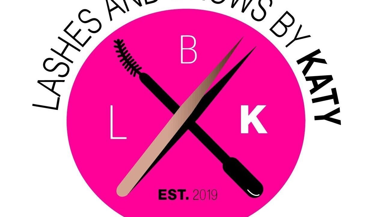 Lashes and Brows by Katy logo with pink background and tools, Gloucester, England, GB.