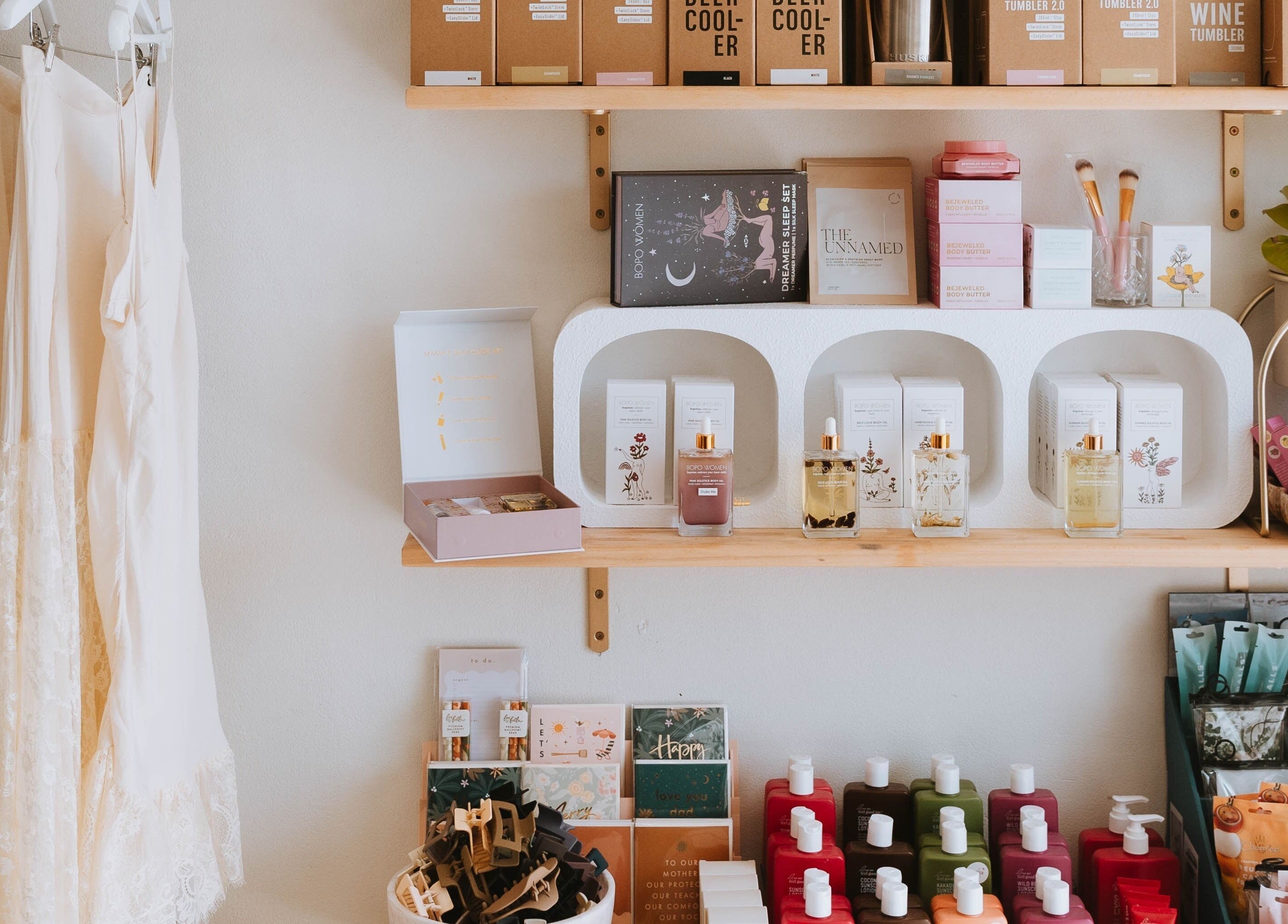 Elegant product display at Beauty and The Fox, Merewether, New South Wales, AU showcasing wellness items and apparel.