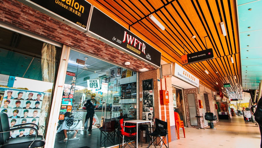 Front view of JWFTR salon in Singapore, SG, showcasing modern decor and inviting atmosphere.