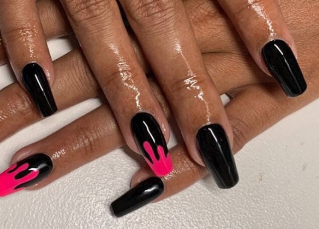 Elegant black nails with vibrant pink design at Lux Artistry, Cape Town, Western Cape, ZA.