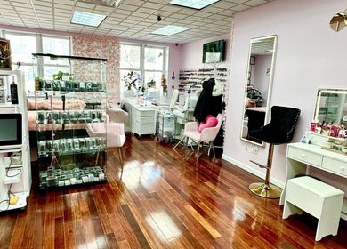 Interior of Millennium Beauty Studio with chic decor in New York, New York, US showcasing beauty services area.