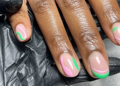 Elegant abstract nail art at Beck the Nail Teck, Dartford, GB. Features pink and green waves.