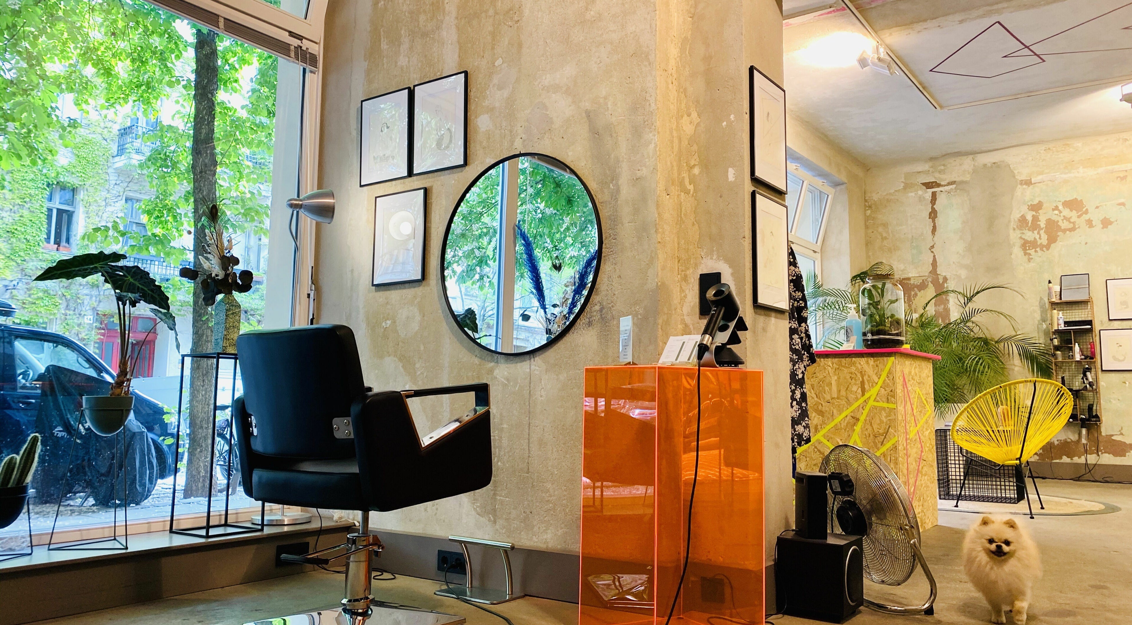 Inside Marc-Antoine Hairstudio Gallery, Berlin, Berlin, DE. Stylish chair facing mirror with lush green views.