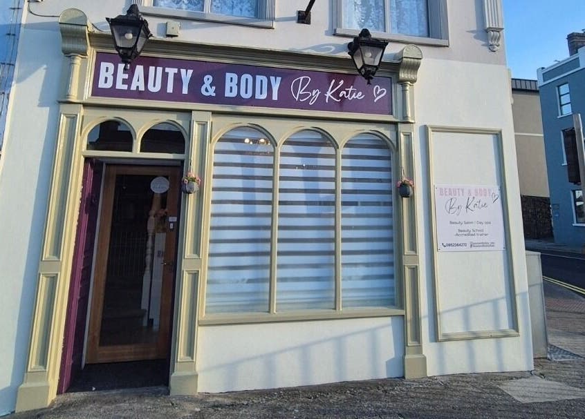 Entrance to Beauty and Body By Katie in Castleisland, County Kerry, IE with elegant signage and decor.