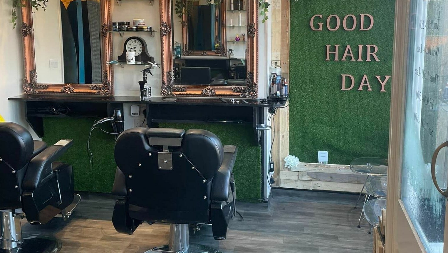 Elegant salon chairs in a stylish setup at Platform 169, Exeter, England, GB for a good hair day.